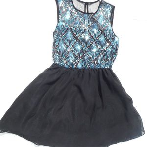Black Dress W/Gold & Teal Sequins Size 7
